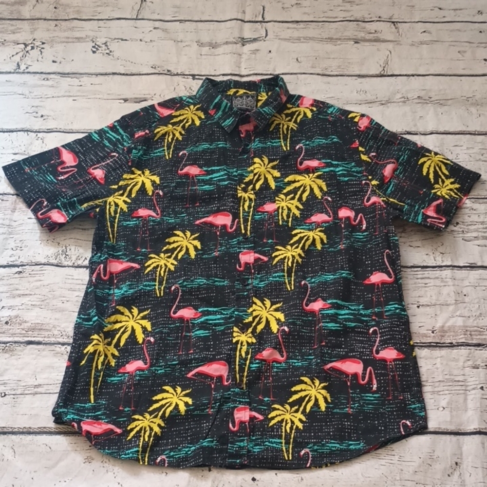 Straight Faded Men's Black Pink Flamingo Palm Print Shirt L